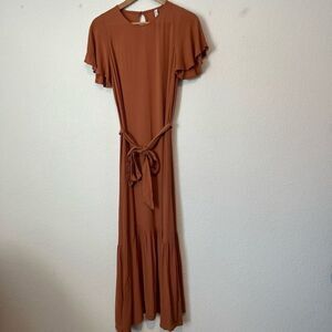 Rachel Pally Brown Short Sleeve Tie Waist Flounce Maxi Dress Women's Size XS